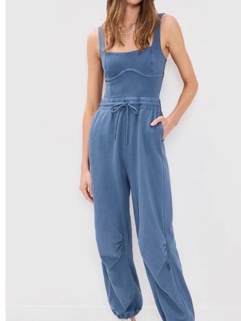 Free people movement Blue Sleeveless Jumpsuit onesie with Drawstring Waist